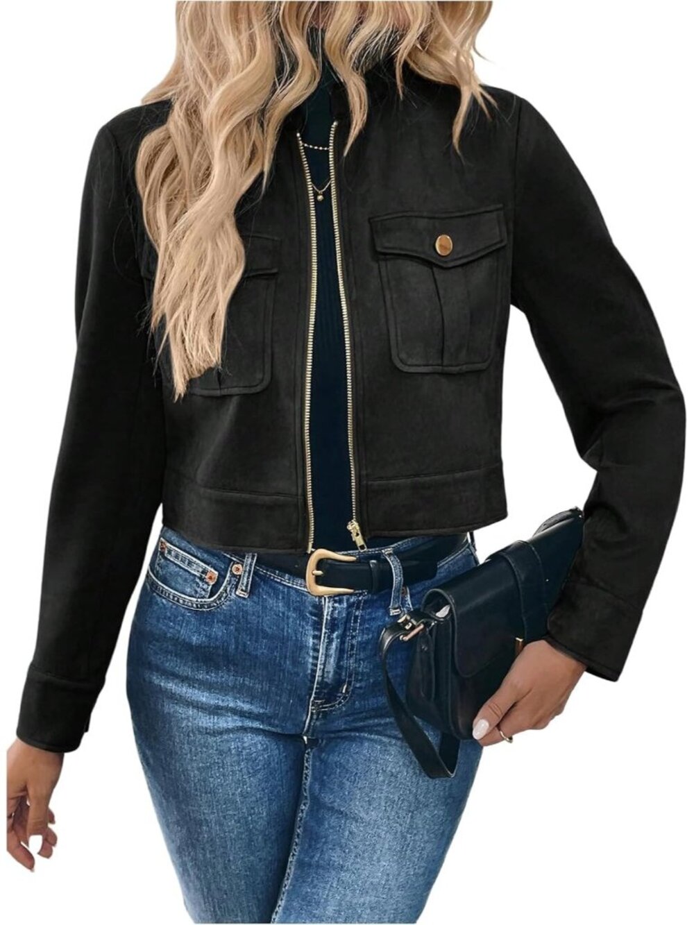 Women’s Black Faux Suede Cropped Jacket Zip Up Cargo Pockets Casual Work wear